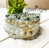White 5 piece Agate and Glass Beaded Stacked Bracelet Set