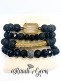 Black Lava Rock, Gold Plated Hematite and Crystal Bracelet Set