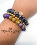 Purple Turquoise Natural Stone, Glass & Gold Beaded Bracelet Set - 3 piece