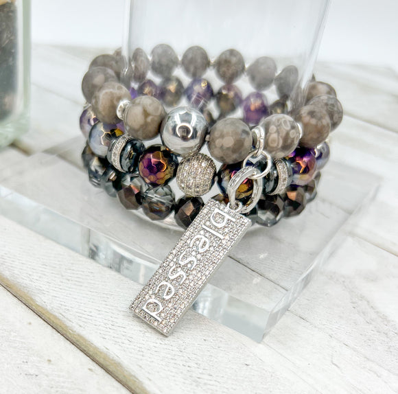 Purple and Gray “Blessed” Beaded Bracelet Stack Set