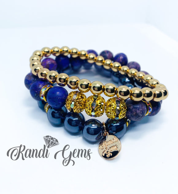 Purple Turquoise Natural Stone, Glass & Gold Beaded Bracelet Set - 3 piece