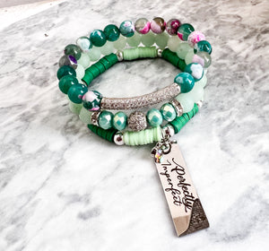 Green Agate and Matte Quartz 3 piece Beaded Bracelet Stack Set