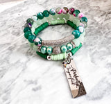 Green Agate and Matte Quartz 3 piece Beaded Bracelet Stack Set
