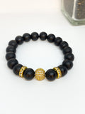 Black Agate & 14K Gold Stretch Beaded Bracelet Set - 4 piece