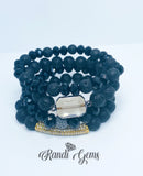 Black Lava Rock, Gold Plated Hematite and Crystal Bracelet Set