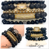 Black Lava Rock, Gold Plated Hematite and Crystal Bracelet Set