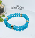 Blue Chalcedony Gemstone Gold Stretch Beaded Bracelet Set - 4 piece