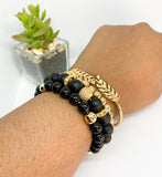 Black Agate & 14K Gold Stretch Beaded Bracelet Set - 4 piece
