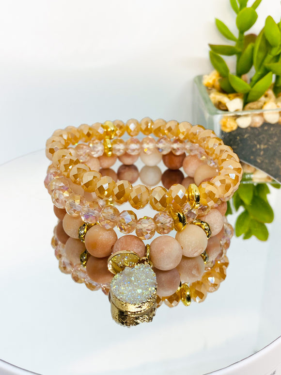 Blush Pink Aventurine Matte Gemstone Stretch Beaded Bracelet Set - 3 piece