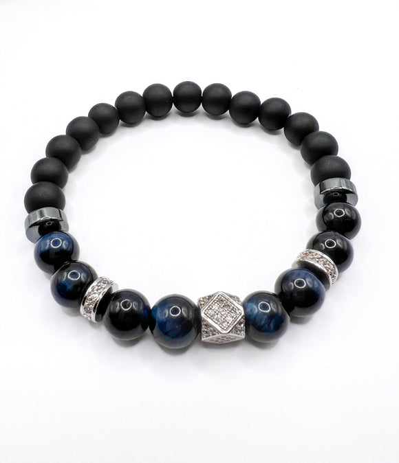 Blue Black Tiger Eye and Onyx Beaded Bracelet