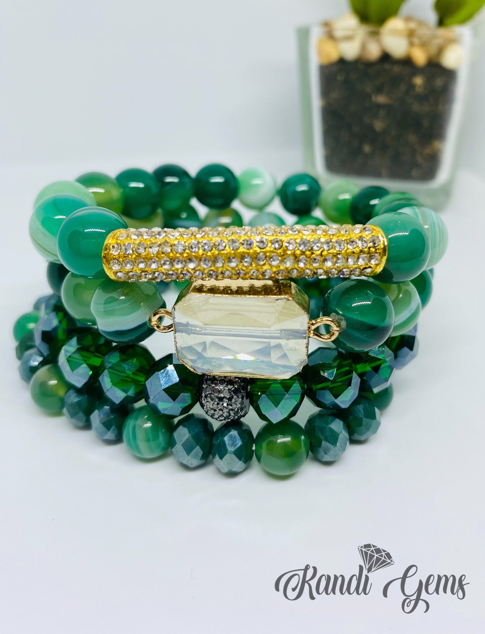 Beaded Striped Green Agate Bracelet