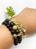 Black Agate & 14K Gold Stretch Beaded Bracelet Set - 4 piece