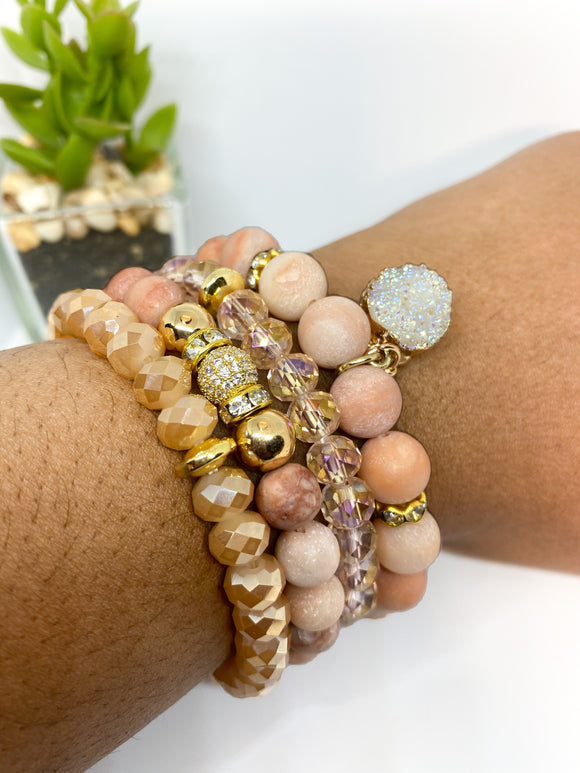 Blush Pink Aventurine Matte Gemstone Stretch Beaded Bracelet Set - 4 piece