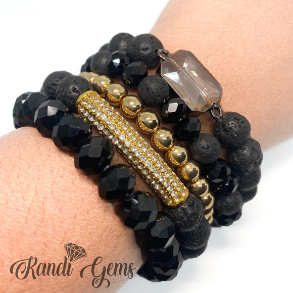 Black Lava Rock, Gold Plated Hematite and Crystal Bracelet Set