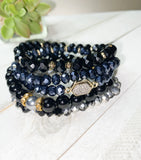 Black Glass Beaded Stacked 5 Piece Bracelet Set