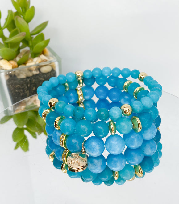 Blue Chalcedony Gemstone Gold Stretch Beaded Bracelet Set - 4 piece