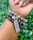 Purple and Gray “Blessed” Beaded Bracelet Stack Set