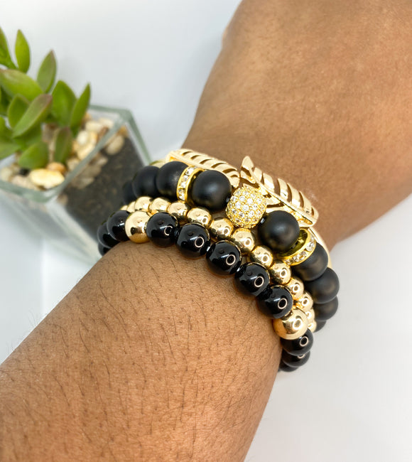Black Agate & 14K Gold Stretch Beaded Bracelet Set - 4 piece