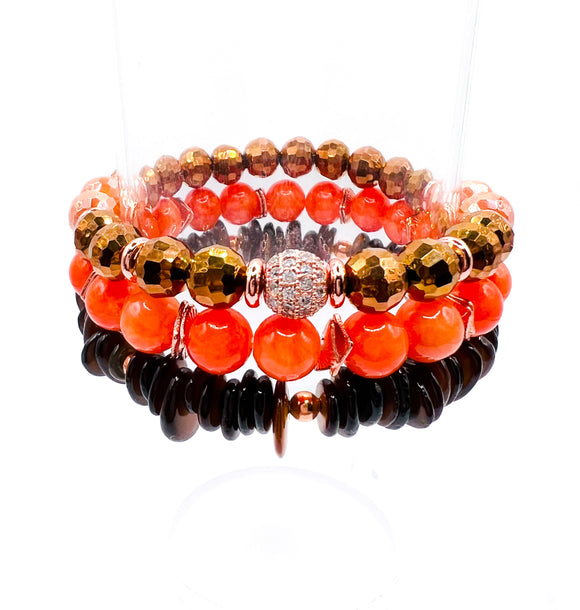 Orange and Brown Beaded Bracelet Set