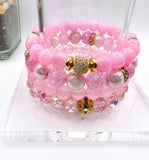 Pink Quartz and Crystal Stacked Beaded Bracelet Set