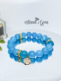 Blue Chalcedony & Black Agate Gemstones, Gold Stretch Beaded Bracelet Set -  6 piece