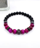 Fuchsia Tiger Eye and Onyx Beaded Bracelet