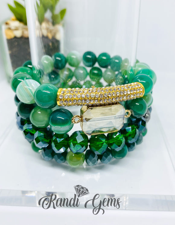 Green Stripe Agate Beaded Stacked Bracelet Set