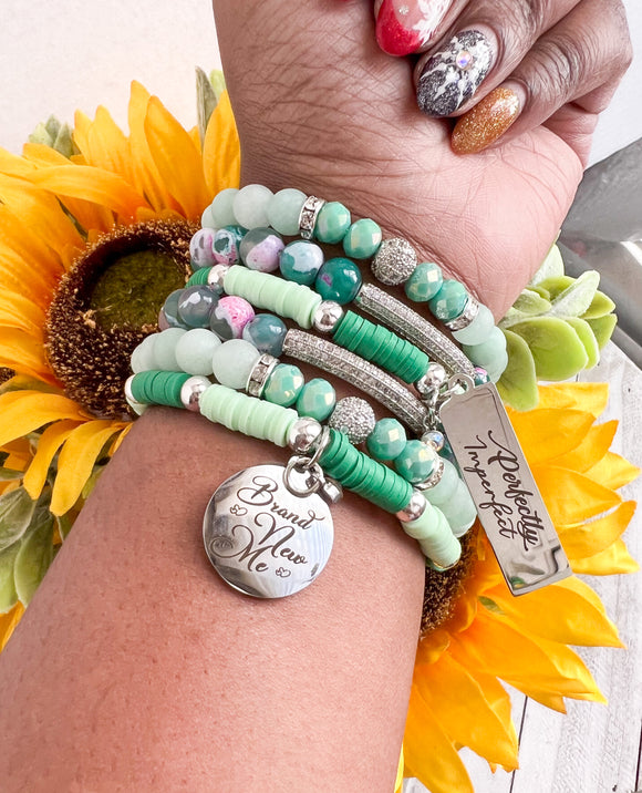 Green Agate and Matte Quartz 3 piece Beaded Bracelet Stack Set