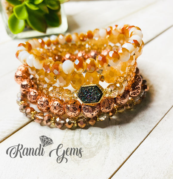 Rose Gold and Glass Beaded Stacked 5 Piece  Bracelet Set