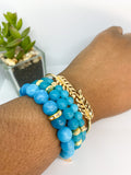 Blue Chalcedony & Black Agate Gemstones, Gold Stretch Beaded Bracelet Set -  6 piece