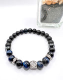 Blue Black Tiger Eye and Onyx Beaded Bracelet
