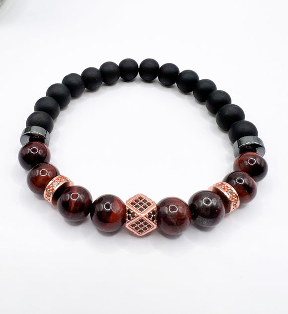 Red Tiger Eye and Onyx Beaded Bracelet