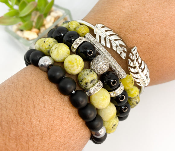 Yellow Green Turquoise Gemstone Stretch Beaded Bracelet Set - 5 piece