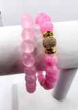 Pink Quartz and Crystal Stacked Beaded Bracelet Set