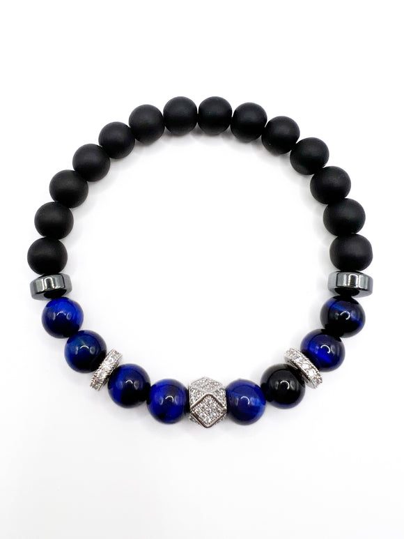 Blue Tiger Eye and Onyx Beaded Bracelet