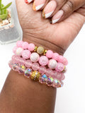 Pink Quartz and Crystal Stacked Beaded Bracelet Set